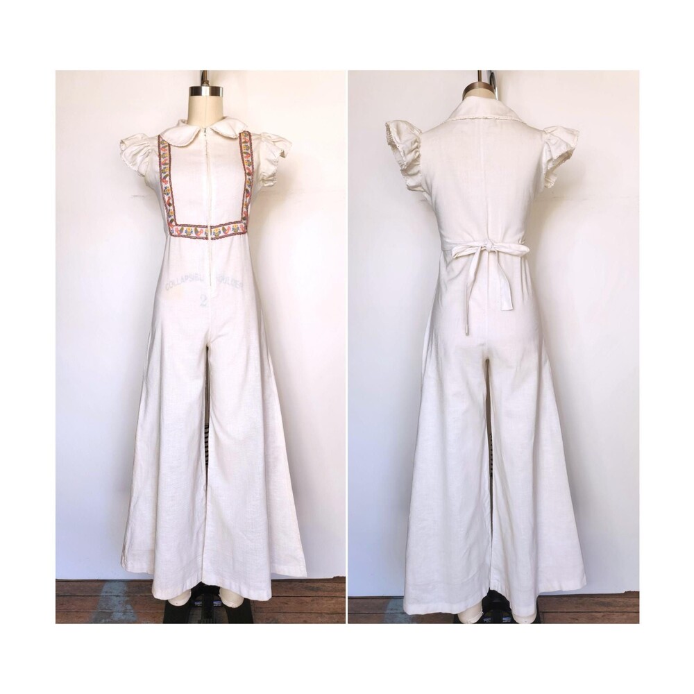 70s JUMPSUIT Wide Legs - Front Zip Playsuit Pantsuit - Birds Embroidery XS
